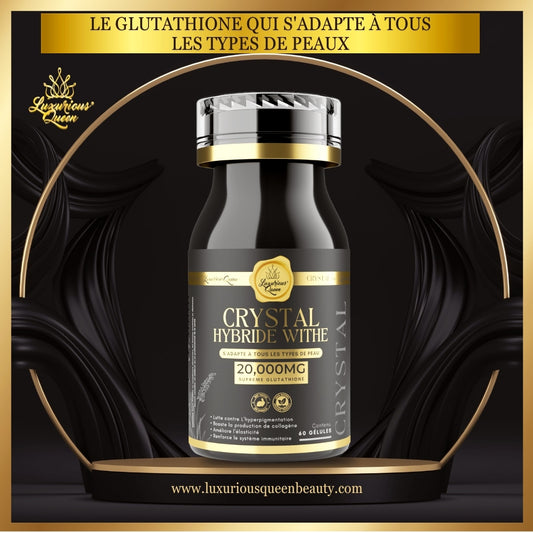 Complément alimentaire éclaircissant au glutathione - Crystal Hybride White 20,000 mg. Adapté à tous les types de peau, ce supplément lutte contre l’hyperpigmentation, booste la production de collagène, améliore l’élasticité de la peau et renforce le système immunitaire. 60 gélules pour une peau lumineuse et éclatante. Disponible sur luxuriousqueenbeauty.com.