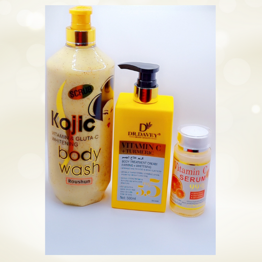 Kit Éclat Peau Parfaite 3-en-1 – Gel Douche Gommant + Sérum Vitamine C + Crème Curcuma – Anti-taches & Hydratation